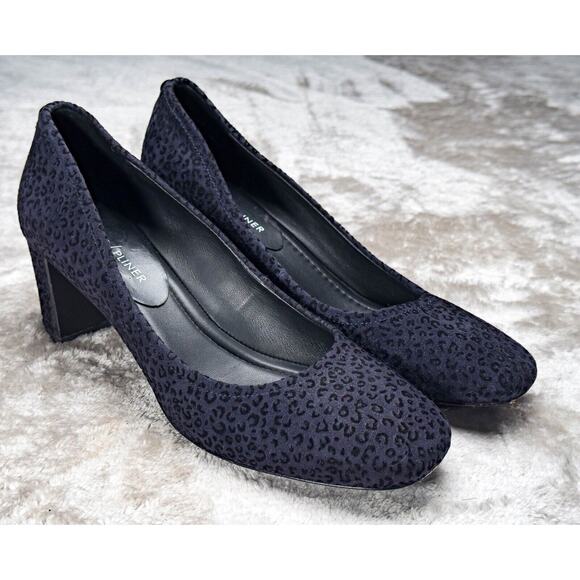 Donald Pliner Navy Suede Leopard Print Square Toe Block Heel Pumps Womens Size 7 - Picture 1 of 16